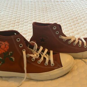 Converse Red High-Tops with Rose Embroidery